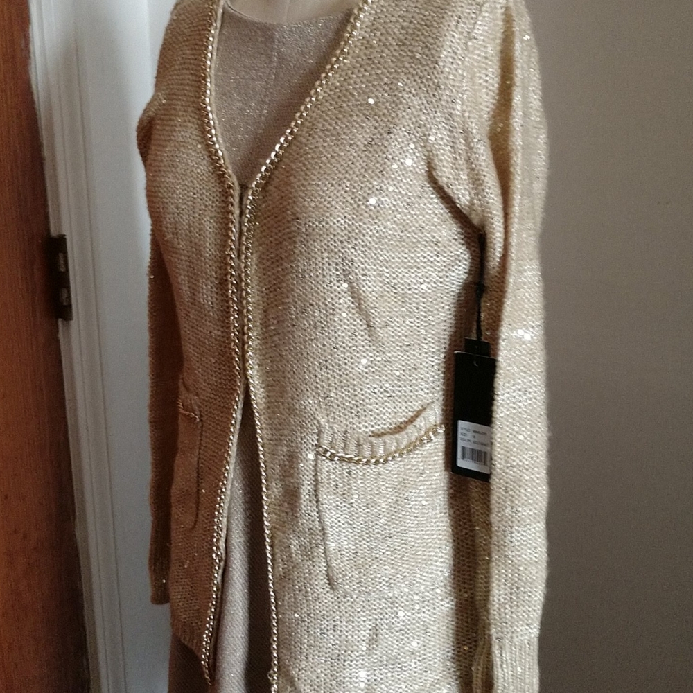 Sequined & Chain Trimmed Cardigan Sweater Jacket - Picture 2 of 9
